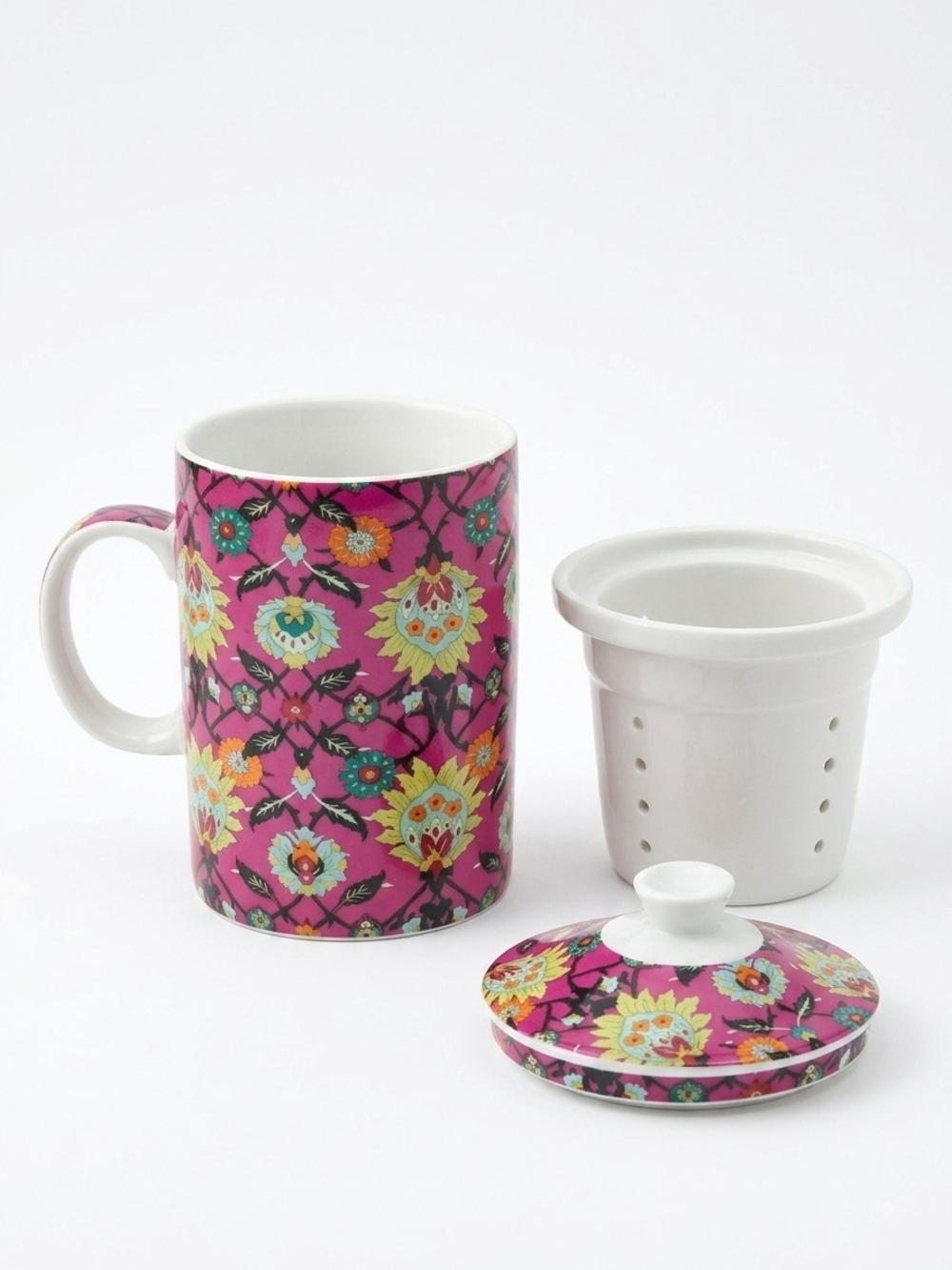 WORLD MARKET Pink Floral Ceramic Tea Mug with Infuser and Lid